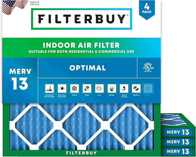 Filterbuy 19x19x1 Air Filter MERV 13 Optimal Smoke & Allergy Defense (4-Pack), Electrostatic Pleated HVAC AC Furnace Filters Replacement, Made in USA (Actual Size: 19.00 x 19.00 x 0.75)
