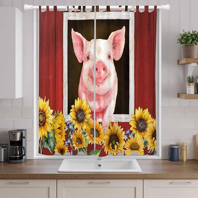 Pigs Sunflowers Living Room Curtains 84 Inch Length, Window Curtains Tab Top, Farmhouse Red Barn Flowers Animals Light Filtering Window Treatments Drapes 52"x84" 2 Panel