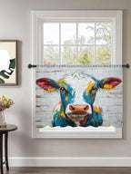 Sheer Curtains 45 Inch Length, Rustic Cow Semi Sheer Curtains Light Filtering Window Treatment, Vintage Colorful Animals Art Wooden Grain Privacy Voile Drapes for Living Room Bedroom 52x45 Inch