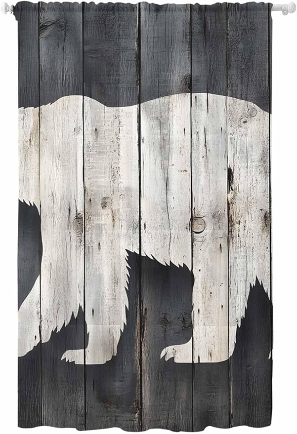 Sheer Curtains 96 Inches Long, White Brown Bear Semi Sheer Curtains Light Filtering Window Treatment, Rustic Counrty Vintage Wood Grain Privacy Voile Drapes for Living Room Bedroom 52x96 Inch