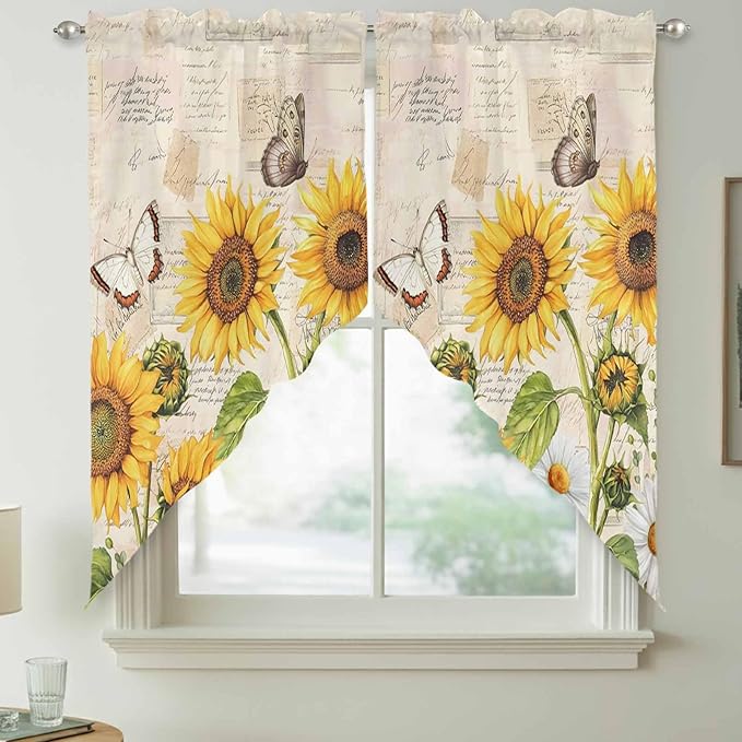 Yellow Sunflowers Swag Valances for Windows, Country Farm Butterfly Flower Light Beige Rod Pocket Kitchen Curtains Valance, Small Window Curtains Swag for Cafe Living Room, 2 Panels, 36x36 inch