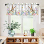 Kitchen Curtains Tiers and Valance Set of 3, Easter Light Filtering Window Curtain Set, Spring Rabbit Colorful Eggs Budding Florals Leaf Rod Pocket Curtain Drapes for Living Room, 36 Inches Tiers