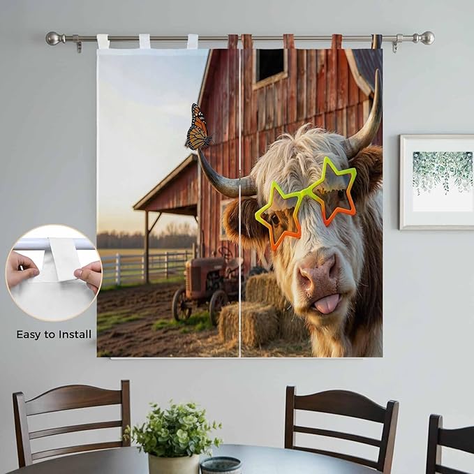 Farm Yaks Bedroom Curtains 72 Inch Length, Window Curtains Tab Top, Farmhouse Barn Funny Animals Butterfly Light Filtering Window Treatments Drapes 52"x72" 2 Panel