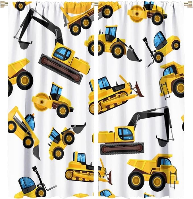 Kids Construction Equipment Window Curtains, Excavator Tractor Tow Truck Rod Pocket Decorative Windows Curtain for Children Teens Boys Girls Room Decor 63x72in (30% Blackout)