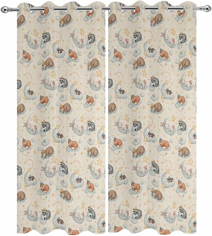 Cartoon Animals Outdoor Curtains for Patio Raccoons Rabbits Moon Linen Texture Waterproof Outside Curtains with Grommet Top Weatherproof Curtain for Cabana Pergola Gazebo, 2 Pack, 54" W x 95" L