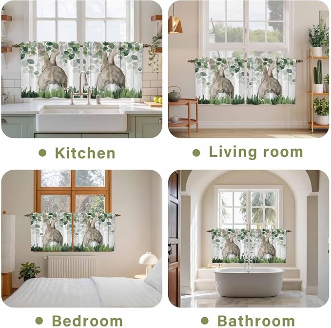 Easter Tier Curtains, Country Rabbit Botanical Leaves Wooden Grain Light Filtering Kitchen Curtains, 2Pcs Rod Pocket Half Window Treatments Panels for Sink Cafe Cabinet Camper 27.5x24 Inches
