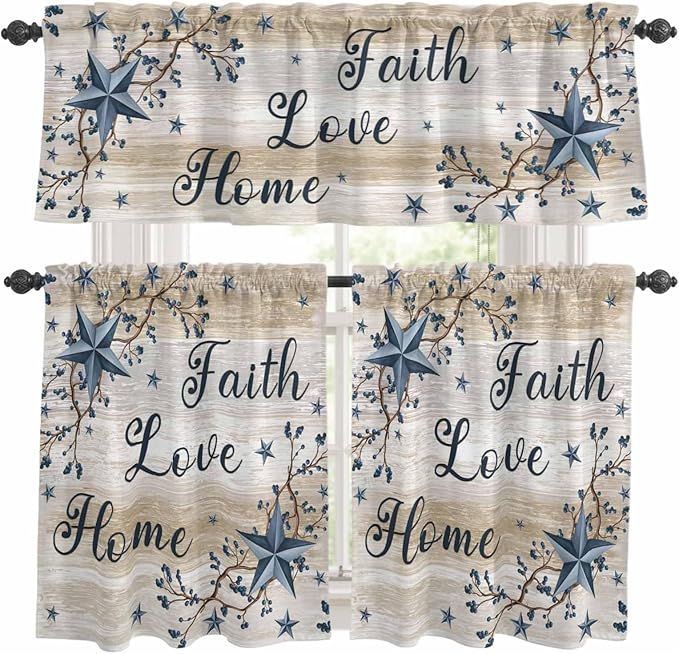 Vintage Country Kitchen Curtains Set 3 Piece for Windows,Rod Pocket Valance and Tier Set 36 Inch Length,Blue Rustic Texas Star Vines Wooden Grain Light Filtering Cafe Curtains for Living Room