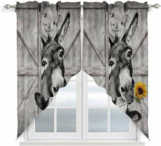 Funny Farm Animals Swag Valances for Windows, Vintage Barn Grey Sunflowers Rod Pocket Kitchen Curtains Valance, Small Window Curtains Swag for Cafe Bathroom Living Room, 2 Panels, 36x36 inch