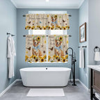 Kitchen Curtains Tiers and Valance Set of 3, Sunflowers Dog Light Filtering Window Curtain Set, Spring Watercolor Floral Stars on Linen Rod Pocket Curtain Drapes for Cafe, Living Room, 24 Inches Tiers