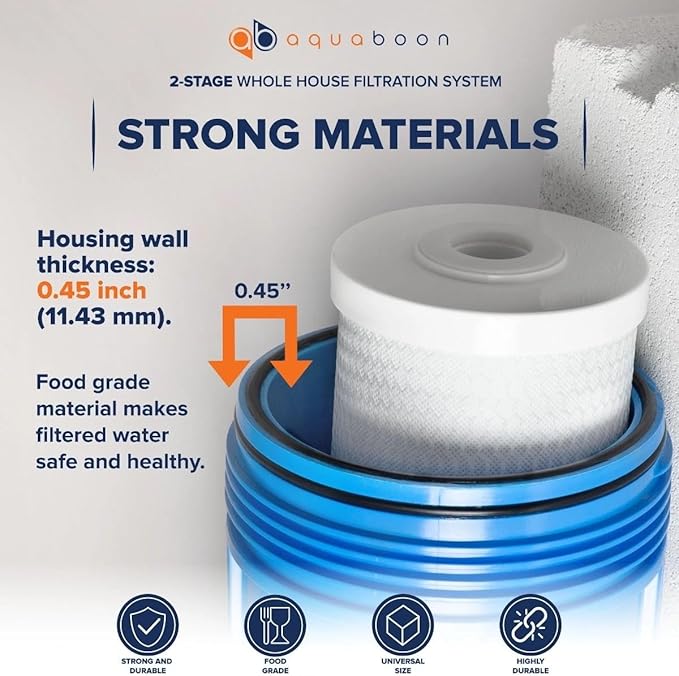 Aquaboon Whole House 2-Stage Water Filter System with 20x4.5 Anti-Scale, KDF Filters, Pressure Gauges & Release, Wrench, Iron Bracket