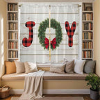 Christmas Wreaths Window Curtains 63 Inch Long 2 Panel Set, Rod Pocket Bedroom Curtains & Drapes, Winter Bow Plaid Farmhouse Wooden Grain Light Filtering Window Treatment for Living Room 42"W x 63"L