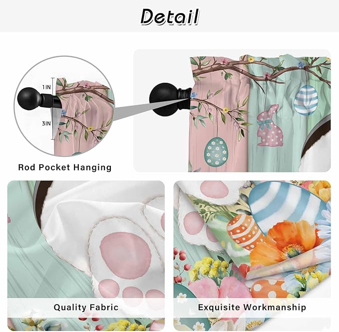 Easter Kitchen Tier Curtains 36 Inch Long 2 Panel Set,Rod Pocket Half Window Curtains Over Sink,Spring Colorful Bunny Eggs Flower Wood Grain Light Filtering Short Drapes Cafe 27.5"W x 36"L