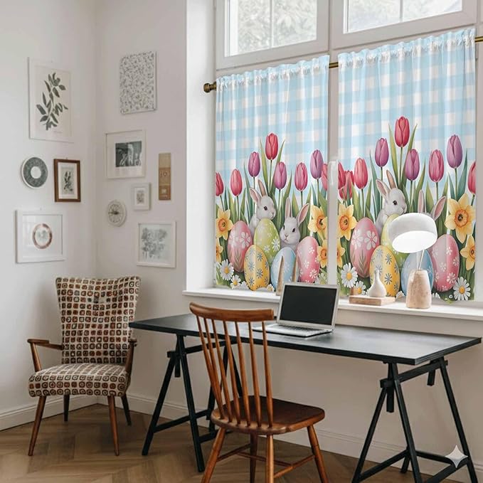 Easter Kitchen Curtains 45 Inch Long 2 Panel Set, Rod Pocket Window Treatment, Spring Bunny Colorful Eggs Tulip Flowers Blue Check Light Filtering Panels Short Drapes for Bathroom Camper 42"W x 45"L