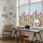 Easter Kitchen Curtains 45 Inch Long 2 Panel Set, Rod Pocket Window Treatment, Spring Bunny Colorful Eggs Tulip Flowers Blue Check Light Filtering Panels Short Drapes for Bathroom Camper 42"W x 45"L