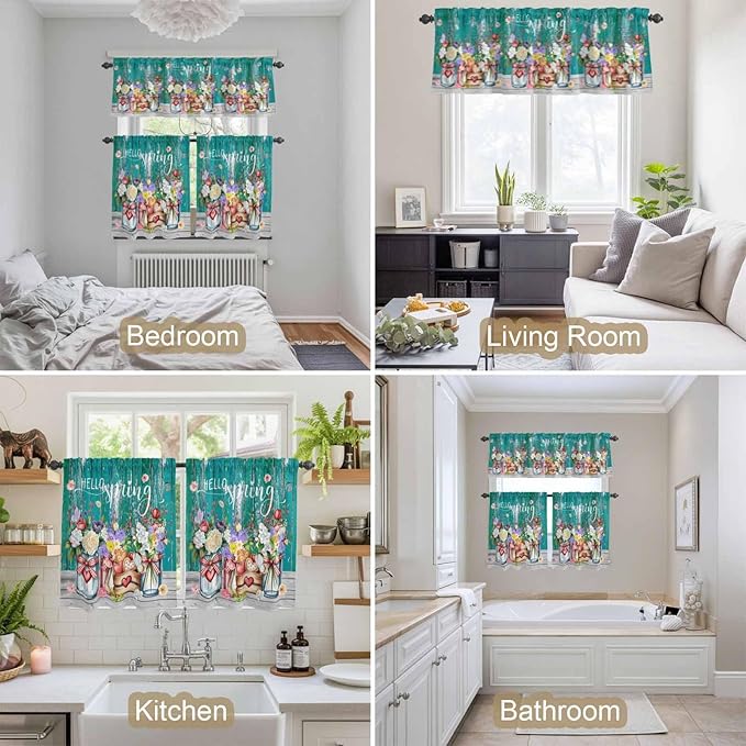 Spring Flowers Kitchen Curtains Set 3 Piece for Windows, Rod Pocket Valance and Tier Set 24 Inch Length, Farmhouse Watercolor Teal Wood Grain Light Filtering Cafe Curtains for Living Room Bathroom