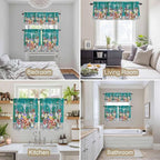 Spring Flowers Kitchen Curtains Set 3 Piece for Windows, Rod Pocket Valance and Tier Set 36 Inch Length, Farmhouse Watercolor Teal Wood Grain Light Filtering Cafe Curtains for Living Room Bathroom