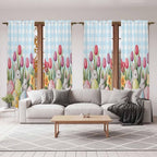 Easter Window Curtains 72 Inch Long 2 Panel Set,Rod Pocket Long Curtains & Drapes,Spring Bunny Colorful Eggs Tulip Flowers Blue Check Light Filtering Window Treatment for Bedroom 52"W x 72"L