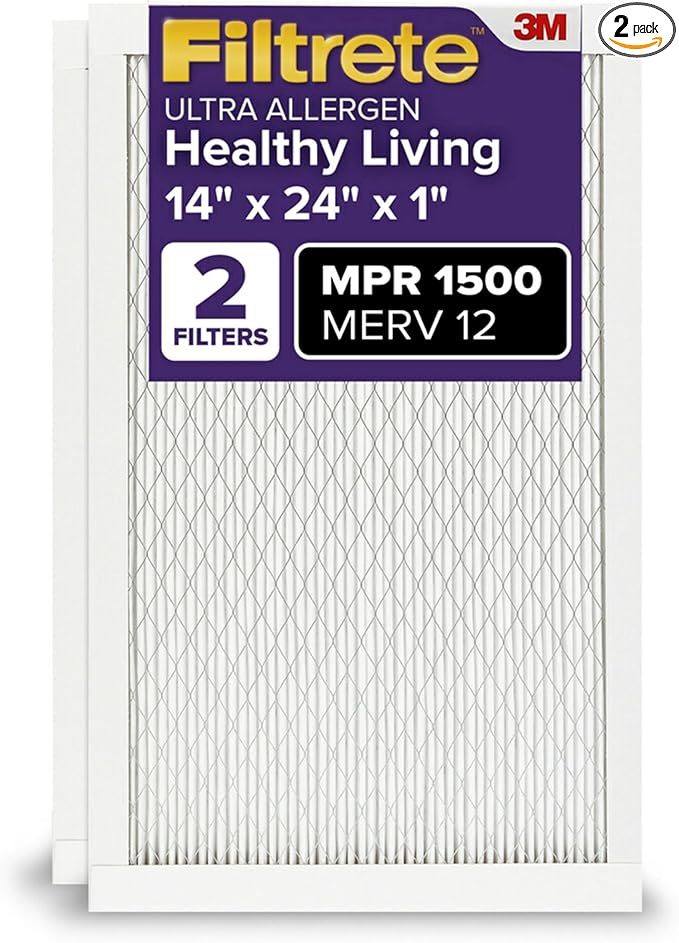 Filtrete 14x24x1 AC Furnace Air Filter, MERV 12, MPR 1500, CERTIFIED asthma & allergy friendly, 3 Month Pleated 1-Inch Electrostatic Air Cleaning Filter, 2-Pack (Actual Size 13.81x23.81x0.78 in)