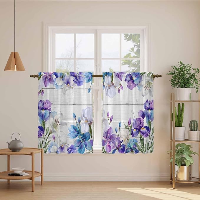 Spring Flowers Tier Curtains, Watercolor Garden Florals Wooden Grain Light Filtering Kitchen Curtains, 2Pcs Rod Pocket Half Window Treatments Panels for Sink Cafe Cabinet Basement 27.5x45 Inches