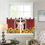 Pigs Sunflowers Kitchen Curtains 36 Inch Length, Small Window Curtains Tab Top, Farmhouse Red Barn Flowers Animals Light Filtering Short Window Treatments Tier Drapes 27.5"x36" 2 Panel