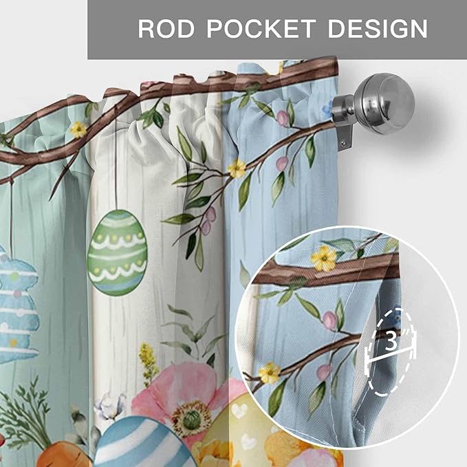 Easter Curtain Valances for Windows, Kitchen Valance Window Treatment, Spring Watercolor Bunny Eggs Wood Grain Teal Blue Light Filtering Block Curtains for Bathroom/Bedroom/Living Room 54'' x 18''
