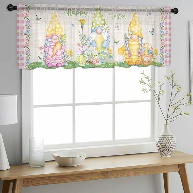 Easter Sheer Valances for Windows 42"x12", Light Filtering Kitchen Curtains Valance, Country Gnomes Duck Floral Eggs Pink Buffalo Check Rod Pocket Chiffon Curtains for Living Room Bedroom Cafe