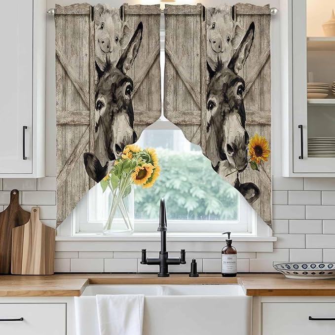Funny Farm Animals Swag Valances for Windows, Vintage Barn Brown Sunflowers Rod Pocket Kitchen Curtains Valance, Small Window Curtains Swag for Cafe Bathroom Living Room, 2 Panels, 36x36 inch