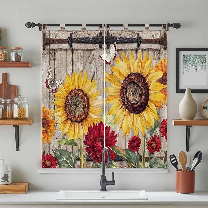 Sunflowers Living Room Curtains 84 Inch Length, Window Curtains Tab Top, Retro Flower Barn Doors Butterfly Farmhouse Brown Light Filtering Window Treatments Drapes 42"x84" 2 Panel