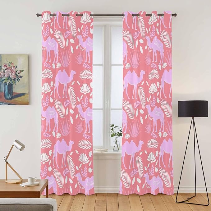 2 Panel Kitchen Cafe Curtains, Desert Camel Sunlight Filtering Nature Air Through, Home Decor Window Covering Tier Curtains for Living Room 80W x 84L inch Vintage Sand Camel Leaves Flower Pattern Pink