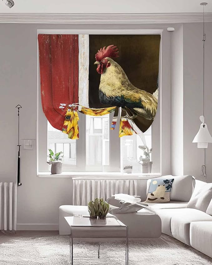 Tie Up Curtains for Windows, Chicken Sunflowers Adjustable Balloon Nature Linen Textured Kitchen Curtain, Farmhouse Animals Red Barn Bees Thermal Insulated Curtains for Window, 42" x 54"