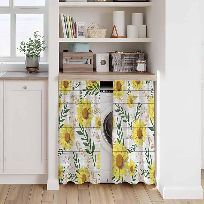 Yellow Daisy Tier Curtains, Farmhouse Country Flower Leaf Plant Wood Grain Light Filtering Kitchen Curtains, 2Pcs Rod Pocket Half Window Treatments Panels for Sink Cafe Cabinet Basement 27.5x45 Inches