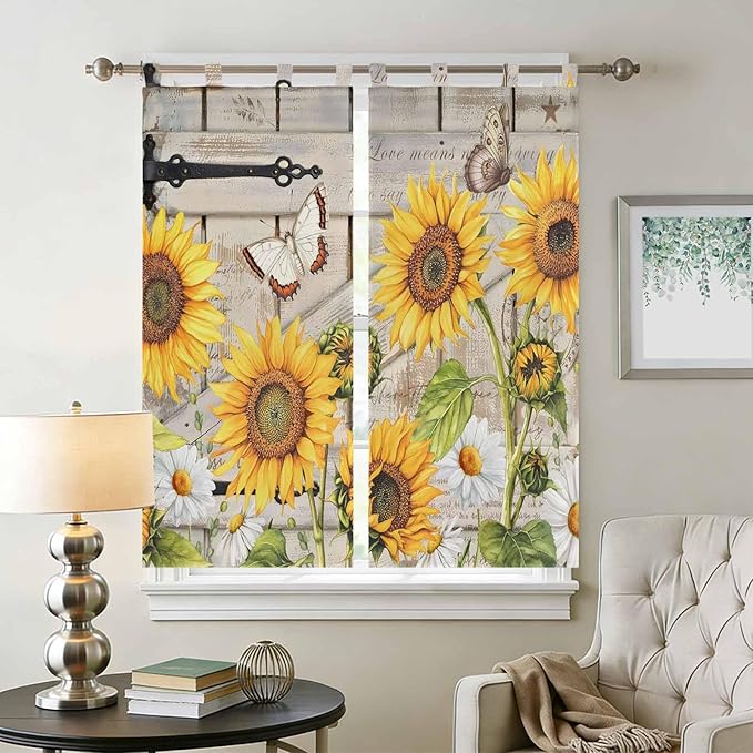 Farm Flowers Bathroom Curtains 63 Inch Length, Window Curtains Tab Top, Retro Sunflowers Barn Doors Butterfly Wood Board Light Filtering Window Treatments Drapes 52"x63" 2 Panel