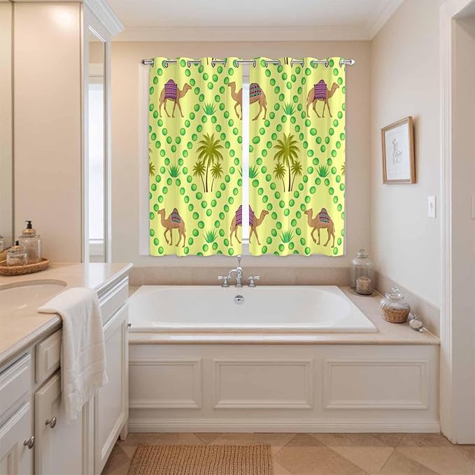 2 Panel Kitchen Cafe Curtains, Desert Sand Camels Sunlight Filtering Nature Air Through, Window Decor Tier Curtains for Living Room 80W x 63L inch Palm Trees Tropical Plants Polka Dot Yellow