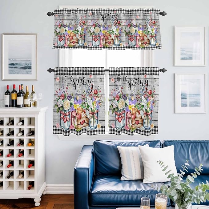 Spring Flowers Kitchen Curtains Set 3 Piece for Windows, Rod Pocket Valance and Tier Set 24 Inch Length, Farmhouse Black Plaid Wood Grain Light Filtering Cafe Curtains for Living Room Bathroom