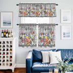 Kitchen Curtains Tiers and Valance Set of 3, Spring Flowers Light Filtering Window Curtain Set, Farmhouse Black Plaid Wood Grain Rod Pocket Curtain Drapes for Cafe, Living Room, 24 Inches Tiers