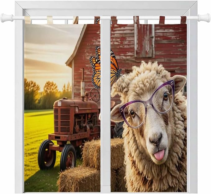 Farm Sheep Bedroom Curtains 72 Inch Length, Window Curtains Tab Top, Farmhouse Barn Funny Animals Butterfly Light Filtering Window Treatments Drapes 52"x72" 2 Panel