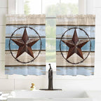 Vintage Western Star on Wood Grain Window Valance Curtains, Retro Wooden Texture Light Filtering Kitchen Valance with 3-inch Rod Pocket for Living Room Bathroom Bedroom,2 Panel,52x45In