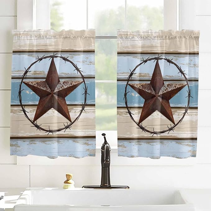 Vintage Western Star on Wood Grain Window Valance Curtains, Retro Wooden Texture Light Filtering Kitchen Valance with 3-inch Rod Pocket for Living Room Bathroom Bedroom,2 Panel,42x54In