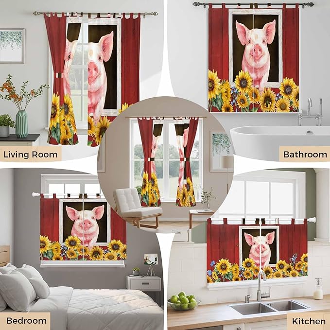 Pigs Sunflowers Living Room Curtains 84 Inch Length, Window Curtains Tab Top, Farmhouse Red Barn Flowers Animals Light Filtering Window Treatments Drapes 52"x84" 2 Panel