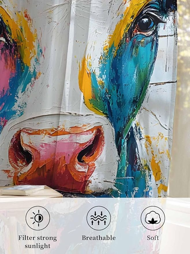 Sheer Curtains 84 Inches Long, Farmhouse Oil Painting Semi Sheer Curtains Light Filtering Window Treatment, Colorful Cow Animal Wooden Grain Privacy Voile Drapes for Living Room Bedroom 52x84 Inch