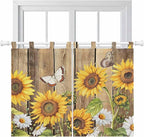 Farmhouse Sunflowers Kitchen Curtains 45 Inch Length, Short Cafe Window Curtains Tab Top, Rustic Floral Buttterfly Wood Board Brown Light Filtering Window Treatments Tier Drapes 27.5"x45" 2 Panel