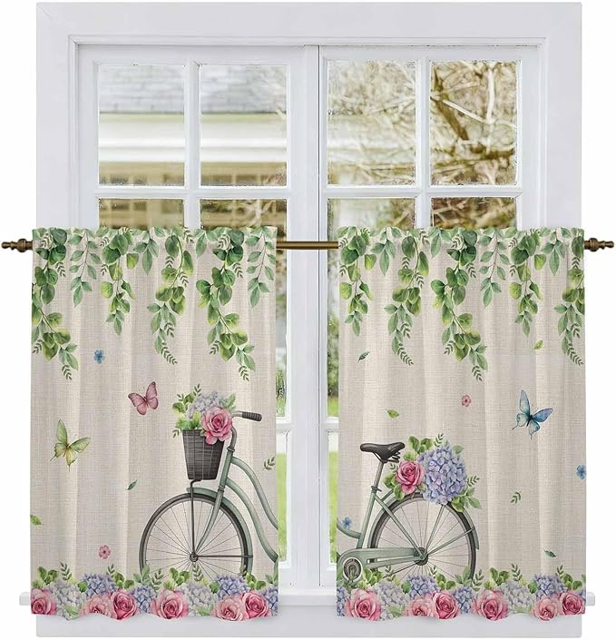 Farmhouse Spring Kitchen Curtains, Retro Bicycles Flowers Vines Butterfly Light Filtering Window Curtain Panels, 2Pcs Rod Pocket Window Treatments Set for Cabin Bathroom Bedroom 52x45 Inches
