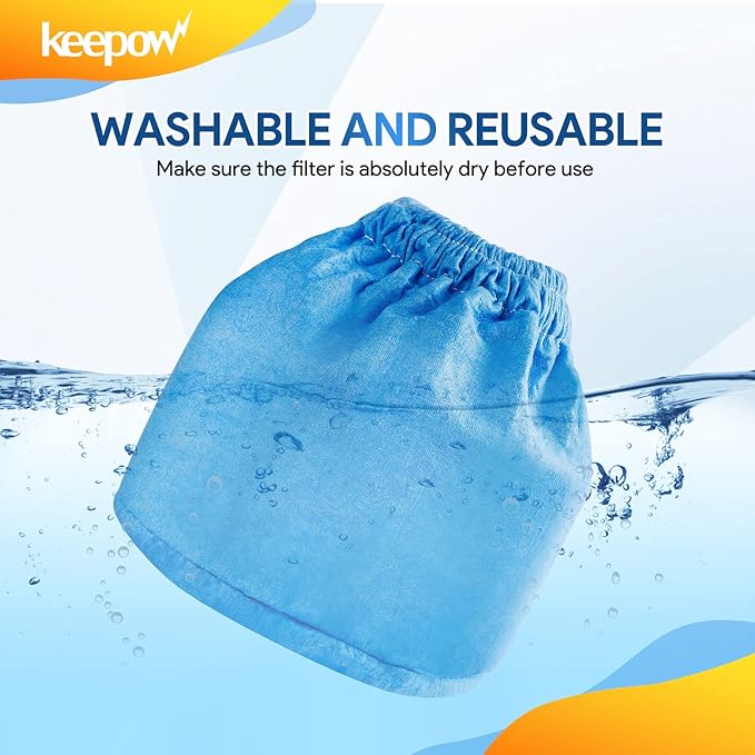 KEEPOW 1.5–3.2 Gallon Cloth Filter Compatible with Armor All AA155 AA255 AA255W AA256 VOM205P, Also fit for Vacmaster Wet/Dry Vacuums, Reusable, Washable Shop Vac Replacement Filter 6‑Pack