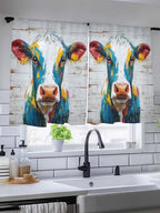 Sheer Curtains 45 Inch Length, Rustic Cow Semi Sheer Curtains Light Filtering Window Treatment, Vintage Colorful Animals Art Wooden Grain Privacy Voile Drapes for Living Room Bedroom 52x45 Inch