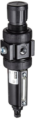 Parker 05E12A13AB One-Unit Combo Compressed Air Filter/Regulator, 1/4" NPT, Polycarbonate Bowl with Metal Bowl Guard, Manual Drain, 40 Micron, 30 scfm, Relieving Type, 2-125 psi Pressure Range, No Gauge