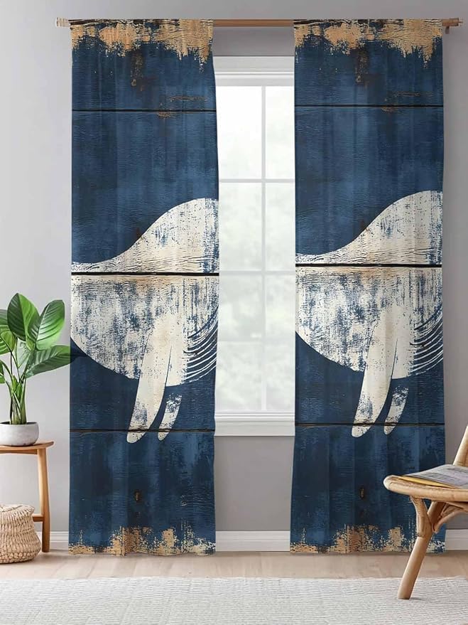 Sheer Curtains 108 Inches Long, Ocean Whale Blue Semi Sheer Curtains Light Filtering Window Treatment, Summer Sea Vintage Wooden Grain Privacy Voile Drapes for Living Room Bedroom 52x108 Inch