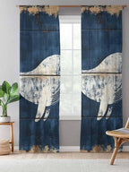 Sheer Curtains 96 Inches Long, Ocean Whale Blue Semi Sheer Curtains Light Filtering Window Treatment, Summer Sea Vintage Wooden Grain Privacy Voile Drapes for Living Room Bedroom 52x96 Inch