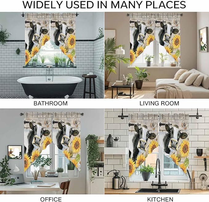 Yellow Sunflowers Swag Valances for Windows, Farmhouse Cow Barn Doors Floral Butterfly Rod Pocket Kitchen Curtains Valance, Kitchen Window Curtains Swag for Cafe Living Room, 2 Panels, 36x63 inch