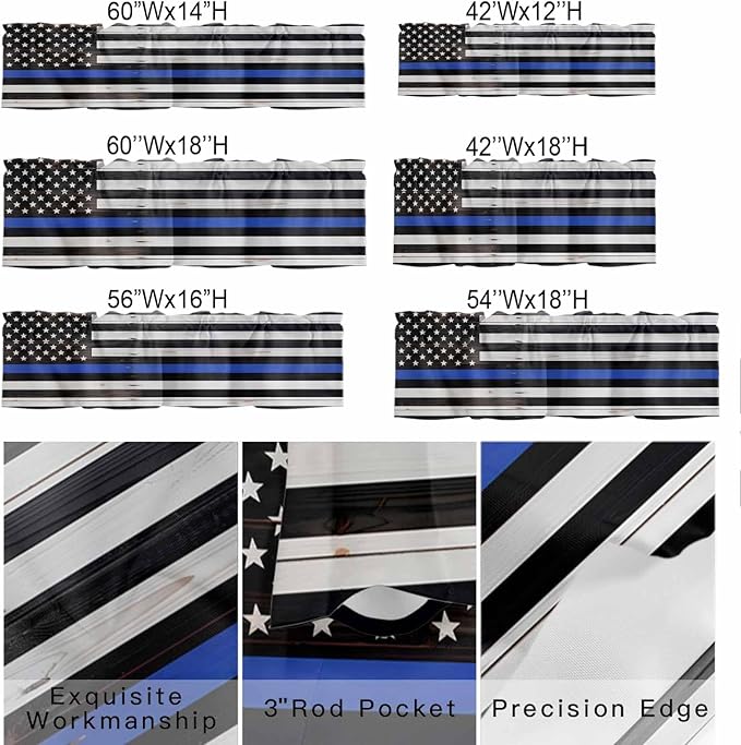American Flag Valances for Windows, Blue Line Star Black White Stripes Wood Grain Kitchen Valance Light Filtering Rod Pocket Short Curtains for Kitchen Bathroom, 1 Panel, 54"x18"