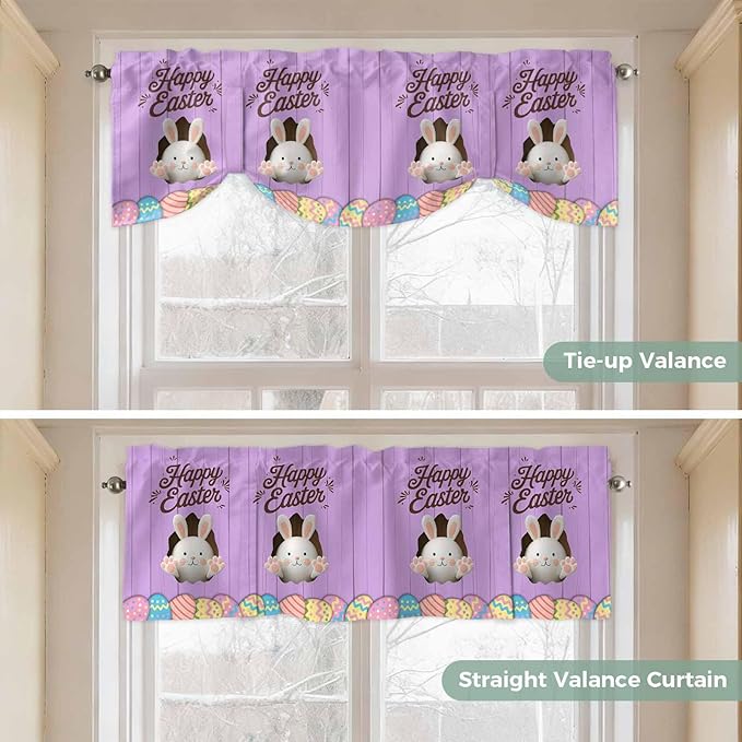 Purple Easter Tie Up Valance Curtains for Windows, Kitchen Curtains Window Shades, Spring Cartoon Bunny Colorful Eggs Wood Grain Light Filtering Curtain Valances for Bedroom/Bathroom/Cafe 42"x12"